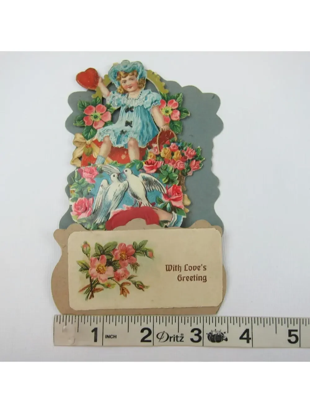 Vintage Valentine Honeycomb 3D Pop Up Die Cut Blonde Girl Blue Dress Dove Flower